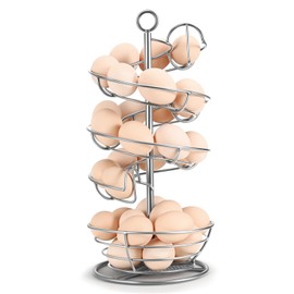Flexzion Spiral Egg Rack for Fresh Eggs - Sturdy Silver Metal Egg Skelter Countertop Egg Holder with Bottom Basket and 360-Degree Rotatable Middle Pole Up to 36-Egg Capacity, Egg Storage Rack Solution