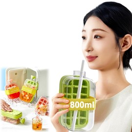 YUNYU Ice Cube Bottle with Straw & Strap, 800ml 2-in-1 Leakproof Freezer-Ready Water Bottle with Built-in Ice Tray for Summer Cold Drinks, Iced Coffee, Outdoor, Office, Travel