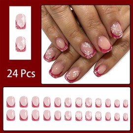 Christmas Short Square Press on Nails Red Glitter French Tip Fake Nails Snowflake Acrylic False Nails Nude Pink Extra Short Stick on Nails Reusable Full Cover Glue on Nails for Women Girls 24 Pcs