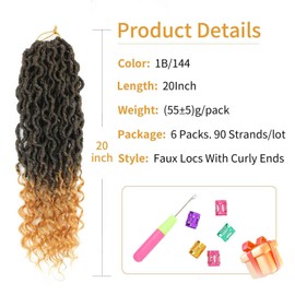 20 Inch Faux Locs Crochet Hair Ombre Blonde Goddess Locs Crochet Hair for Black Women Pre Looped Faux Locs with Curly Ends Soft Loc Hair Extensions(20 Inch,6 Packs,1B/144)