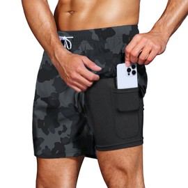 HMIYA Men's 2-in-1 Swimming Trunks, Quick-Drying Short Board Shorts with Compression and Zip Pockets, camouflage