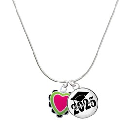 Delight Jewelry Silvertone Hot Pink & Lime Green Heart with Black Ruffles Script Class of 2025 Dome Charm Necklace, 18"