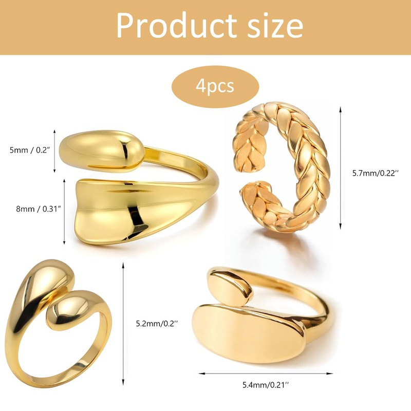 4 Pcs Gold Chunky Rings, Stackable Open Rings, Minimalist Thumb