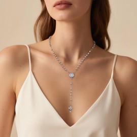 Women's Silver Saint Benedict Necklace - Silver Rosary Beads Cross Necklaces,Non Tarnish Silver Y Chain Catholic Miraculous Medal Protection Necklaces,Religious Christian Crucifix Jewelry Gift for Her