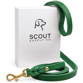 Scout Supply Classic Leather Dog Leash | Strong Heavy Duty Thick Full Grain Leather | Waterproof & Rust-Proof Brass Hardware (Green, M: 4.5 ft x 1/2 in)