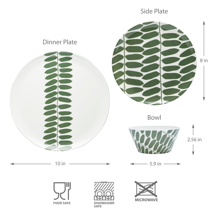 Bzyoo 12-Piece Melamine Dinnerware Set - Leaf | Lightweight, Durable,