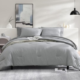 WRENSONGE Light Grey King Comforter Set, 7 Pieces Soft Microfiber King Size Comforter with Fitted Sheet, Flat Sheet, 2 Pillow Shams, and 2 Pillowcases- Warm King Bedding Set for All Season