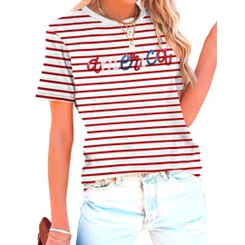 American Flag Shirt for Women Sequin USA Stripes T-Shirt 4th of July Patriotic Tee Tops