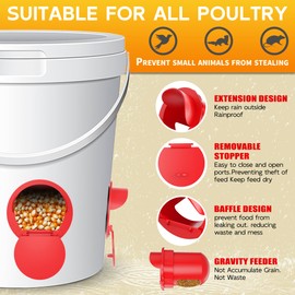 Chicken Feeder Port 12pcs Poultry No Waste Port Kit with Stopper Lid, 1 Hole Saw, DIY Automatic Reusable Coop Feeders, Rain Proof Gravity Feeding Geese Duck Hens Rooster for Bucket Barrel Bin (Red)