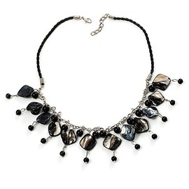 Avalaya Black Coloured Shell Composite Charm Leather Style Necklace (Silver Tone)