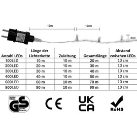Gresonic 100 / 200 / 300 / 400-LED light chain, mains operated, with plug, for outside and inside, for garden, wedding, Christmas party, warm white