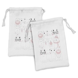 Lunarable Kitten Fabric Pouch Set of 2, Many Faced Bunch of Happy Sad Sleepy Sassy Cat Caricature Theme, Small Drawstring Bag for Toiletries Masks and Favors, 9" x 6", White Pale Pink