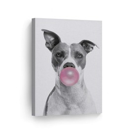 Smile Art Design Cute Pitbull Dog Animal Bubble Gum Art Pink Canvas Print Black and White Wall Art Home Decoration Pop Art Living Room Kids Room Decor Nursery Ready to Hang Made in The USA 28x19