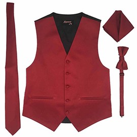 Spencer J's Men’s Formal Tuxedo Suit Vest Tie Bowtie and Pocket Square 4 Peace Set Verity of Colors (L (Coat Size 42-45), Apple Red)