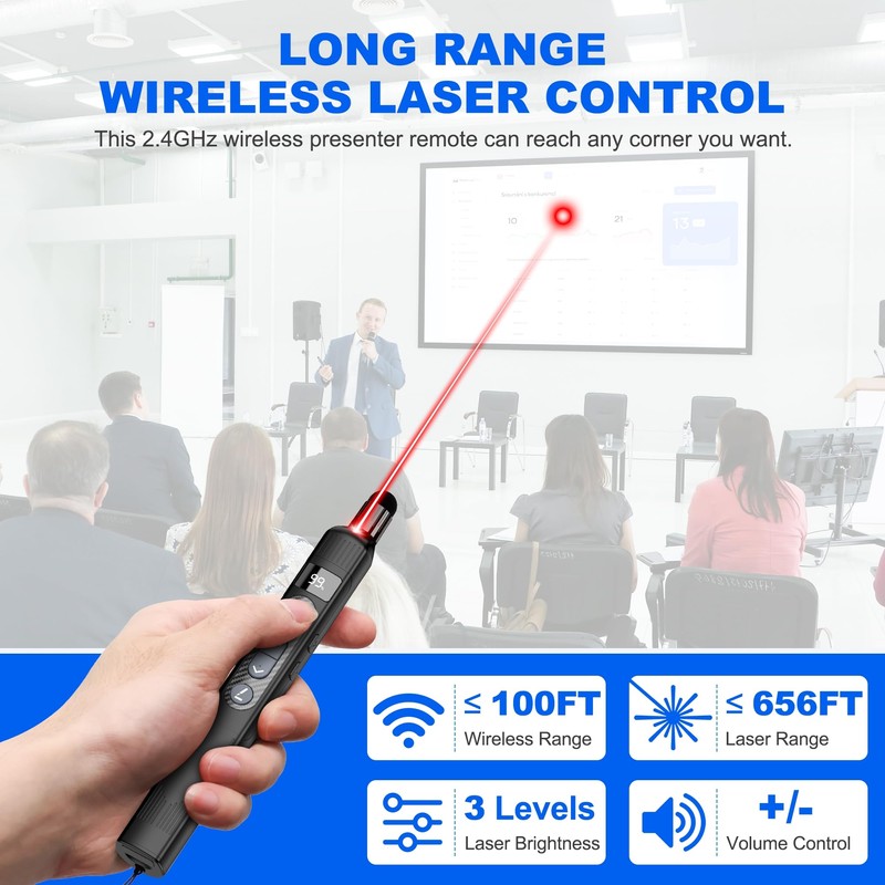 Wireless Presentation Clicker with Telescopic Pointer Stick,Rechargeable Presenter Remote Light