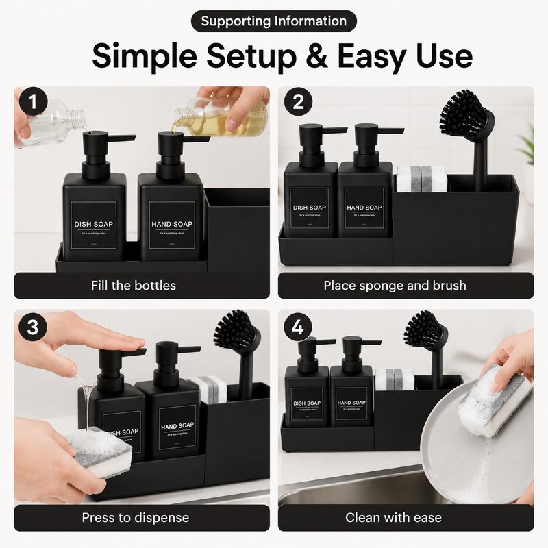 Kitchen Soap Dispenser Set for Sink Organization – 4-in-1 Black