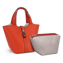 Kadynow Top Handle Bag for Women Vegan Leather Bucket Bag for Women Shoulder Purse Satchel with Detachable Small Purse Orange White