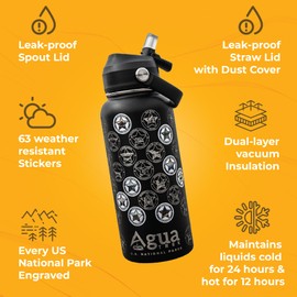 AguaTrek Stars and Stripes National Parks Water Bottle with Stickers | 32 Oz Insulated Wide Mouth Stainless Steel Bottle | 2 Lids (Straw & Spout) | BPA-Free and Leak-Proof | Gift-Ready Box [Black]