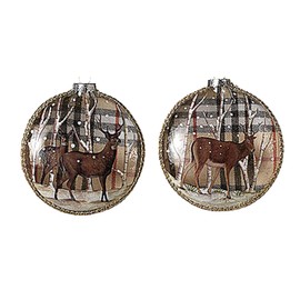Glass Disk Deer Ornaments, 2 Assorted Designs, Christmas Decoration, Rustic Holiday Decor, 4.5 Inches