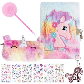TYXHXTF Unicorn Gifts for Girls, Secret Diary with Lock for Girls Plush Unicorn Notebook Set, Birthday Christmas Gifts for 3-14 Year Olds Kids Teen Girls with Pencil Case Pen Stickers Keychain