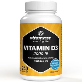 Vitamaze® Vitamin D3 2000 IE hochdosiert & vegetarisch, 240 Tabletten für über 1 Jahr, 50 mcg reines Cholecalciferol, Natürliche Nahrungsergänzung ohne Zusatzstoffe, Made in Germany