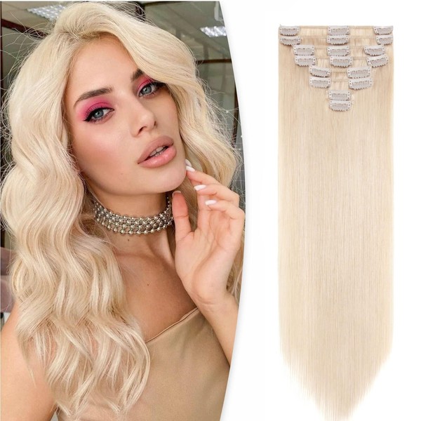 Benehair Clip-In Real Hair Extensions, 8 Pieces, 100% Real Hair Extensions, 55 g, Platinum Blonde Hair Extensions, Real Hair Clip for Women, 18 Clips per Set, 30 cm #60