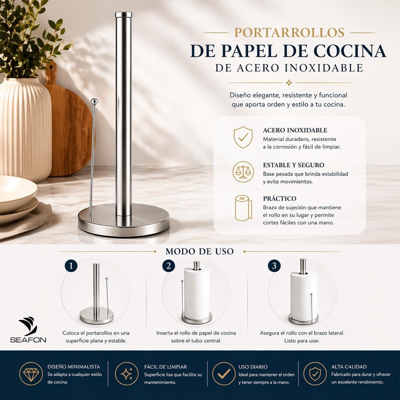 SEAFON Portarrollos Papel Cocina 33 cm Acero Inoxidable Brazo de
