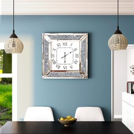 SHYFOY Gliter Deorative Wall Clock 24 inch - Large Mirrored Clock for Wall Living Room Decor Silver Big Clock Modern Wall Decor Crushed Diamond Home Decor