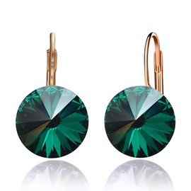 Austrian Crystal Round Drop Earrings for Women 14K Gold Plated Hypoallergenic Leverback Hoop Earrings (Green)