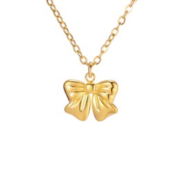 kkjoy Cute Small Tiny Bow Necklace Stainless Steel Gold Plated Dainty Ribbon Bow Tie Pendant Necklace Butterfly Bowknot Jewelry for Women Charming Ladies (Style 2)