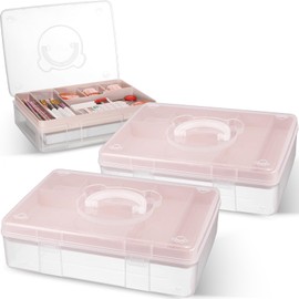 Teenyyou 2 Pcs 2 Tier Cute Bear Storage Box with Removable Divided Tray 12.5" x 9" Portable Clear Plastic Art Supply Organizer Stackable Office Supplies Container for Pens Notes A4 Papers (Pink)