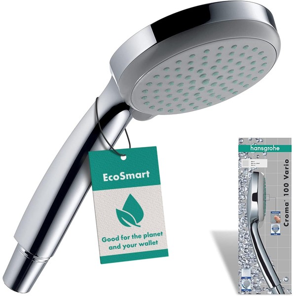 hansgrohe Croma 100 - water-saving shower head 9 l/min (EcoSmart), hand shower round (⌀ 100 mm) with 4 sprays, with anti-limescale function, chrome