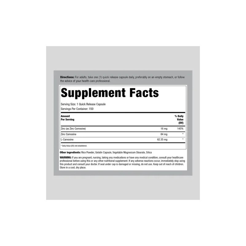 Suplemento De Carnosina De Zinc 84 Mg (150 Capsulas) Neutro