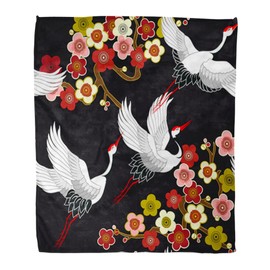 Home Decor Throw Blanket, Flying Birds Crane Heron Oriental Pattern, Warm Soft Cozy Flannel Bed Blankets for Bed, Couch, Sofa and Chair, All Seasons Suitable, 80x60 inches