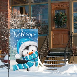 Louise Maelys Welcome Winter Garden Flag 12x18 Double Sided, Burlap Small Snow Penguin Garden Yard House Flags for Winter Outside Outdoor Decoration (ONLY FLAG)