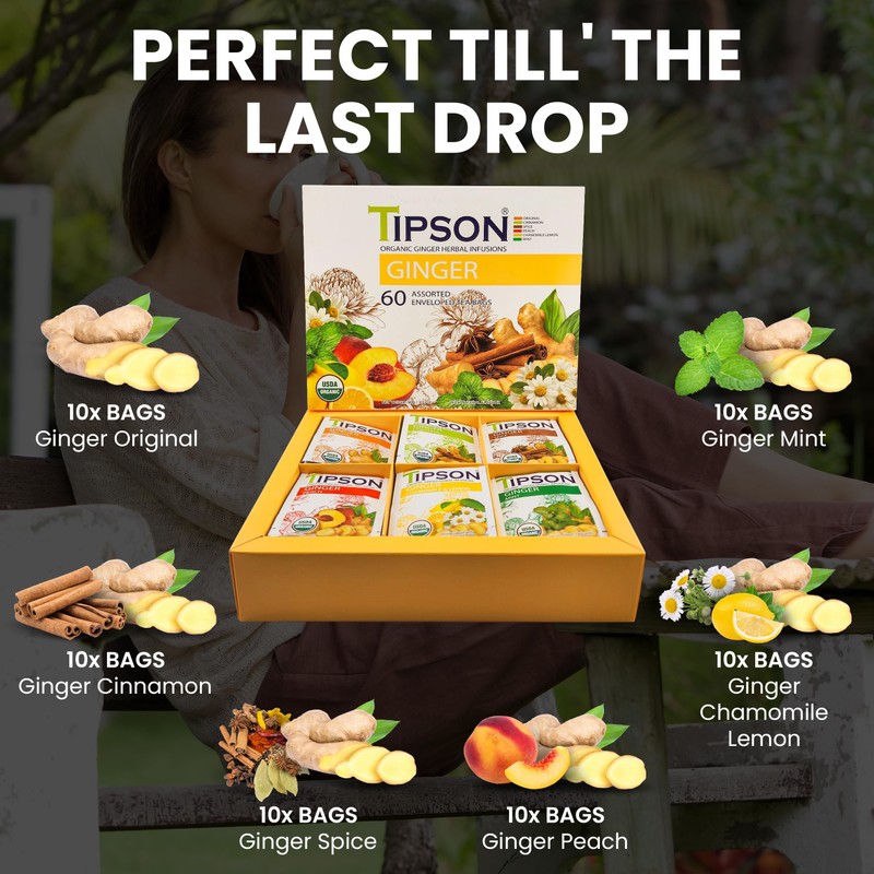 Tipson Organic Ginger Variety Sampler - 6 Flavors (60 Tea