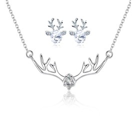 coadipress Christmas Reindeer Necklace Earrings Set for Women Dainty Crystal Reindeer Stud Earings Fashion Cute Antler Deer Pendant Necklace Xmas Holiday Party Costume Jewelry (White Crystal)