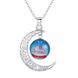 BriLove 925 Sterling Silver Glow in Dark Necklace for Women "Merry Christmas" Galaxy & Crescent Moon Glass Bead Pendant Blue