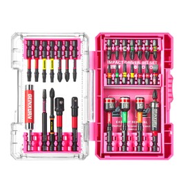 Geinxurn 31Pcs Impact Screwdriver Bits Set,Magnetic S2 Steel 1”/2”/3” Phillips/Square/Torx Bits Tips,Impact Bit Holder and Nut Driver with Pink Storage Box Case
