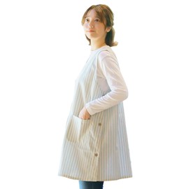 Yurakuan Apron, Side Buttons, Wrinkle Resistant, Cotton, Poly, Free, LL, Regular Length, Short Length, green stripe