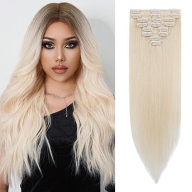 S-noilite Clip-In Real Hair Extensions, White Bleach Hair Extensions, Remy Human Hair, 70 g, 50 cm, Thin Wefts, 8 Wefts, #70