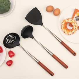 FJNATINH Silicone Wok Spatula,Ladle,Skimmer Ladle Tool Set,Stainless Steel Non Stick Heat-Resistant Cooking Utensils BPA Free Kitchen Utensils Cookware Wooden Handle, Pack of 3