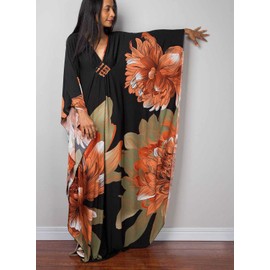 Plus Size Green Floral Print Silk Caftan Dress - Beach Cover Up