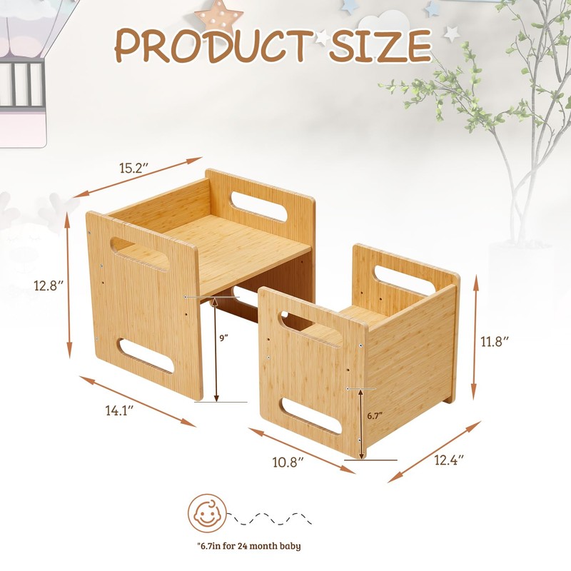 HOMMOW Montessori Table and Chair Set,Bamboo Wood Weaning Table and