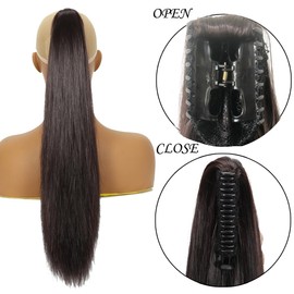 HENSLEELY Claw Ponytail Extension Black Brown 14 Inch Straight Clip in Pony Tails Hair Extensions Synthetic Hairpieces for Women (14Inch,4#)