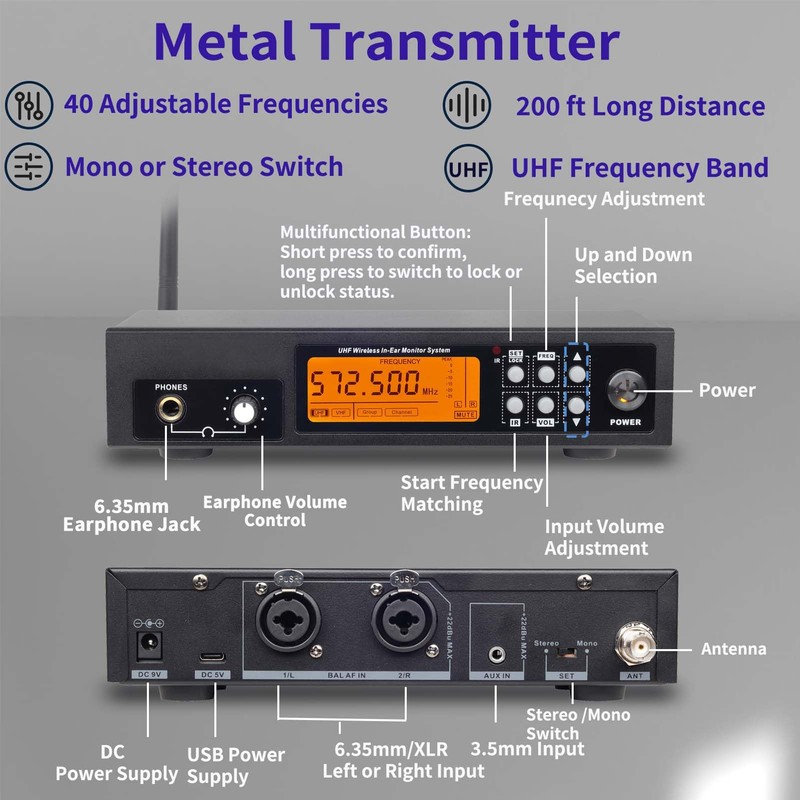 KOMISON UHF Stereo Wireless in Ear Monitor System, Wireless IEM