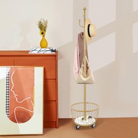 JAYGOVAN Coat Rack, Cactus Coat Tree with Storage Basket and 6 Hooks, Freestanding Coat Rack with Brake Wheels, Hats Bags Clothes Hanger Stand Coat Tree for Entryway, Bedroom, Office (Gold)