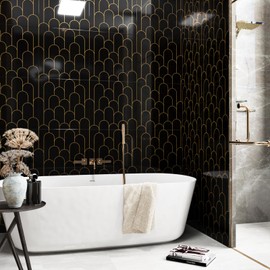 Skyblur 10-Sheet Backsplash Tile for Kitchen Waterproof Geometric Black Gold Peel and Stick Backsplash 12"x12" Self Adhesive Back Splash Wall Tiles Peel and Stick for Bathroom Walls Glossy Finish