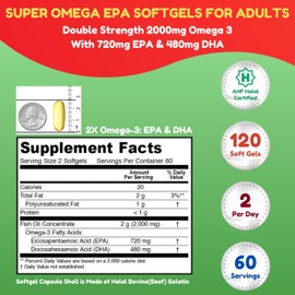 SHIFAA NUTRITION Halal Fish Oil Softgels 120 Ct, Double Strength - Halal Omega 3 Fish Oil Supplements. Wild Caught, Non-GMO & Purified