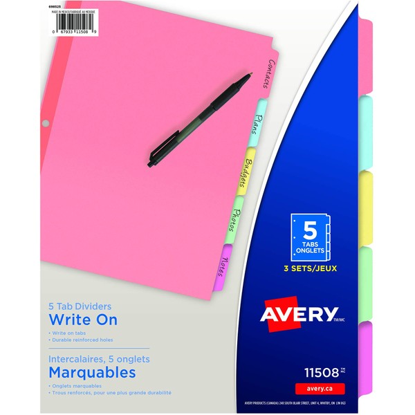 AVERY Plain Tab Write On and Erase Dividers, 5 tabs,